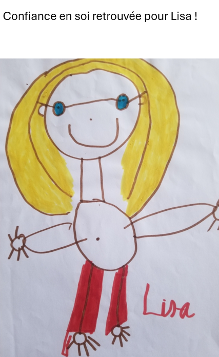 Dessin  joyeux  d’une  enfant  souriante,  les  bras  ouverts,  illustrant  la  confiance  en  soi  retrouvée  après  des  séances  d’ergothérapie.